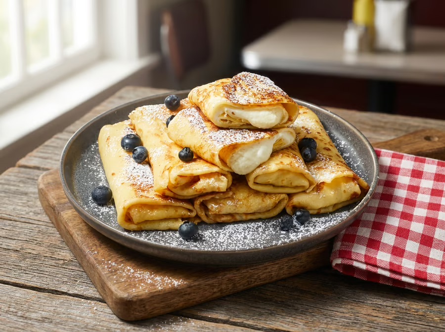 Cheese blintzes with fresh blueberries and powdered sugar at Joe's Diner Naples FL